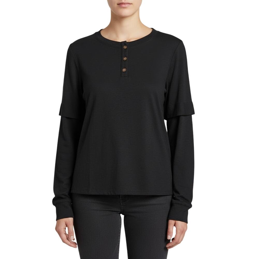 Laila Jayde Black Long Sleeve Henley Cotton Top NWT Women’s Size Medium